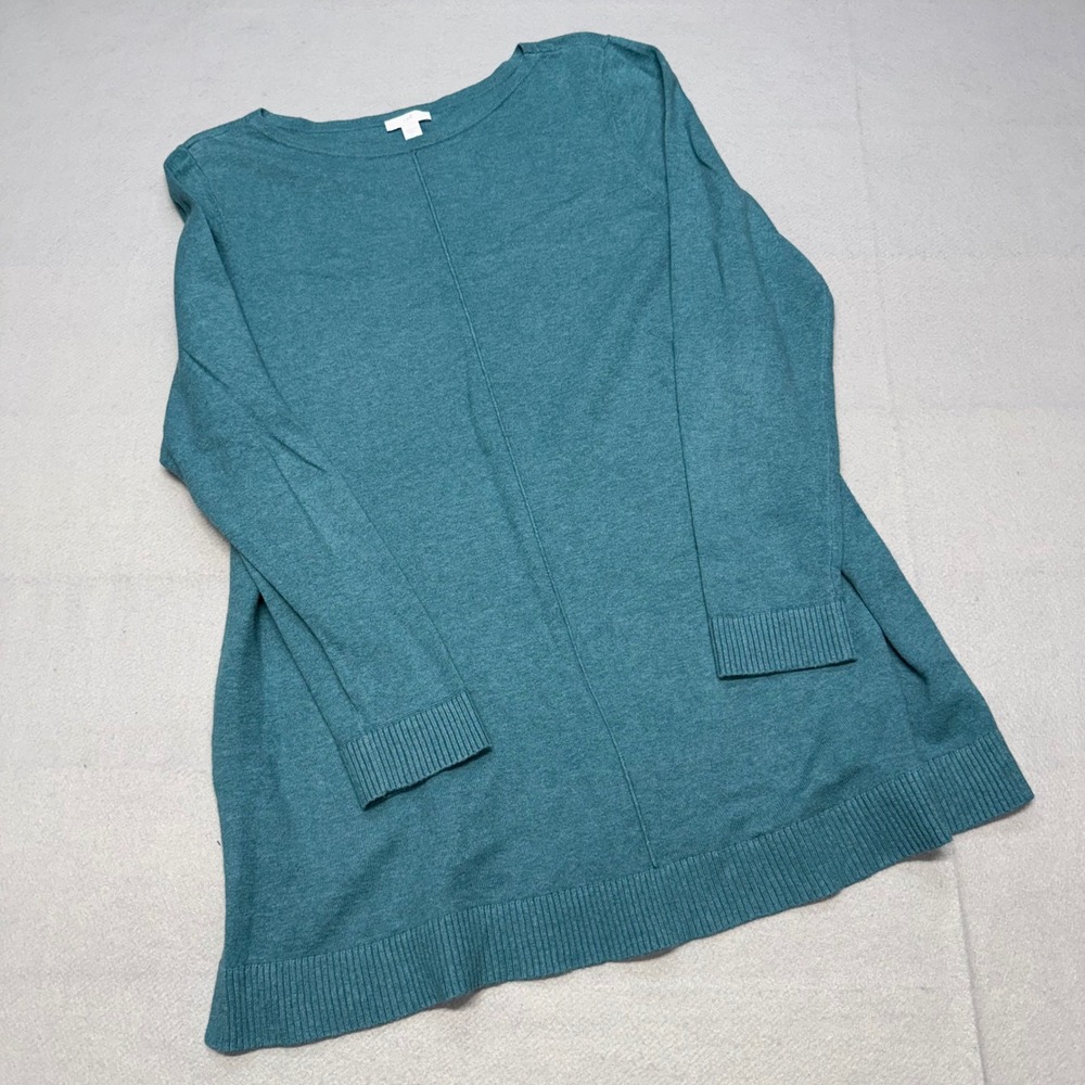 J. Jill Women Large Knit Round-Neck Sweater Teal Blue Cotton Blend Long Sleeve